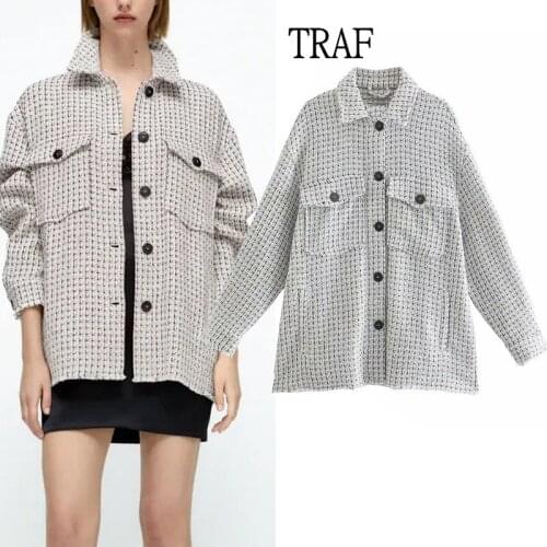 TRAF Za Women 2021 Autumn Winter Texture Women Oversize Shirt Female Plaid Jacket Loose Plus Size Women Clothing Pocket Chic Top