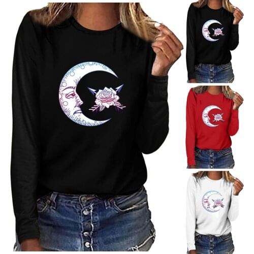 Women Casual Long Sleeve Round Neck Moon Rose Flower Printing T-shirt Solid Color Blouse Top Daily All-match Girls T-shirt Top