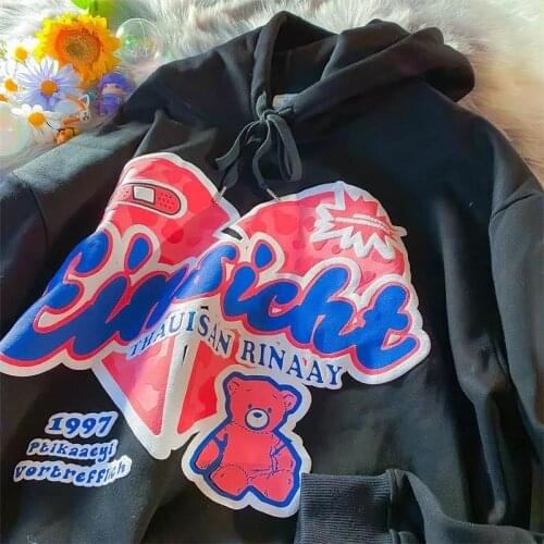 New Hip Hop Letter Bear Printed Hoodies Women Goth Streetwear Casual Teens Girl Oversized Pullovers 2021 Autumn Harajuku Fashion