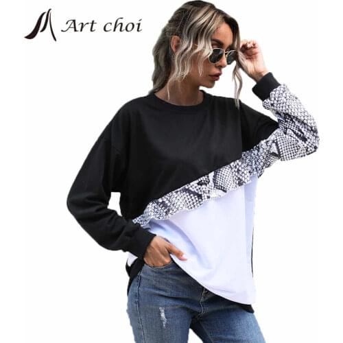 Spring Autumn Women Snakeskin Fleece Long Sleeve Patchwork Tops Sweatshirt Pullover Snake Print Casual Wear Sportswear Sudaderas