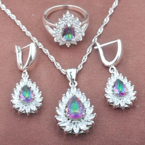 Female Rainbow Zirconia Water Drop Jewelry Set For Women Weedding Silver Color Jewelry Sets TZ0571