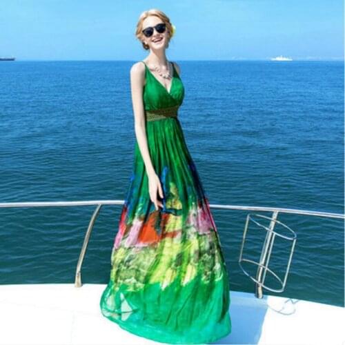Bogeda New 2019 Real 100% Silk Dress Women Natural Silk High Quality Elegent Holiday Beach Maldives Phuket dress Green