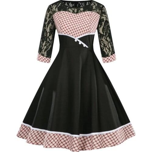 Plaid Print Women Midi Vintage Dress Lace 3/4 Sleeves High Waist Retro Dress 1960s Rockabilly Vestidos