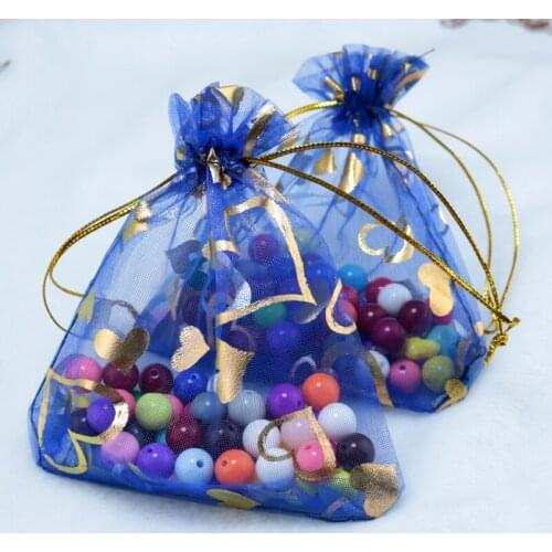 100pcs 9x12cm Drawable Organza Bags Heart Royal Blue color Wedding Christmas Gift Bag Jewelry Packaging Bags Pouches