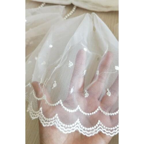 2 Yards Embroidered Lace Trim Dotted Wave Embroidered Cream White Tulle Lace Trim 7 Inches Wide