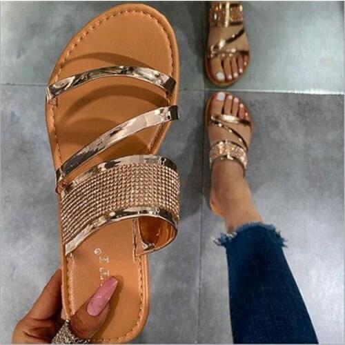 2021 Summer Womens Shoes Plus Size 43 Fashion Glossy Rhinestone Sandals Slippers Female Summer Outdoor Casual Flat Slippers