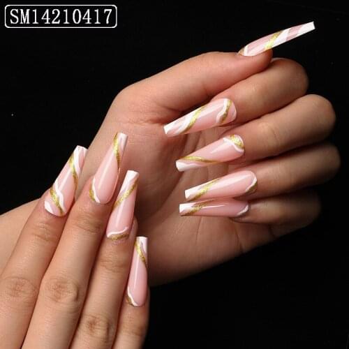 24pcs Gold Stripes Printed Nails Patch Glue Type Long Paragraph Fashion Manicure Patch False Nails Patch SANA889