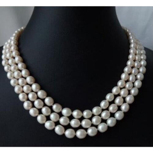 3 strands white rice genuined nature freshwater pearl necklace clasp 7-8mm