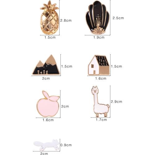 Free shipping 10 pcs/ lot fashion accessories metal enamel pineapple shell mountain house apple fox alpaca pin brooch