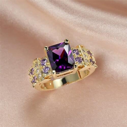 Big Square Purple Stone Rings For Women Men Wedding Jewelry Vintage Fashion Luxury Yellow Gold Crystal Zircon Engagement Ring