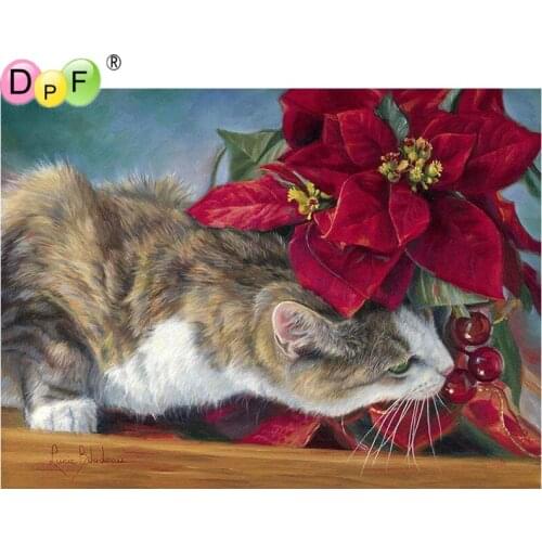 DPF diamond embroidery Cat and flowers diamond painting cross stitch needlework diamond mosaic full square rhinestone home decor