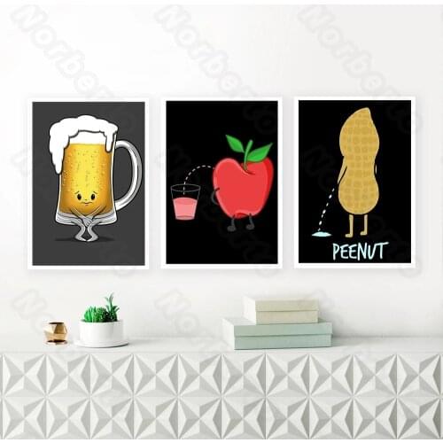 Modern Style Canvas Cartoon Pictures Peanut Apple and Beer Peeking Painting Poster and Print for Home Rooms Gallery Wall Decorat
