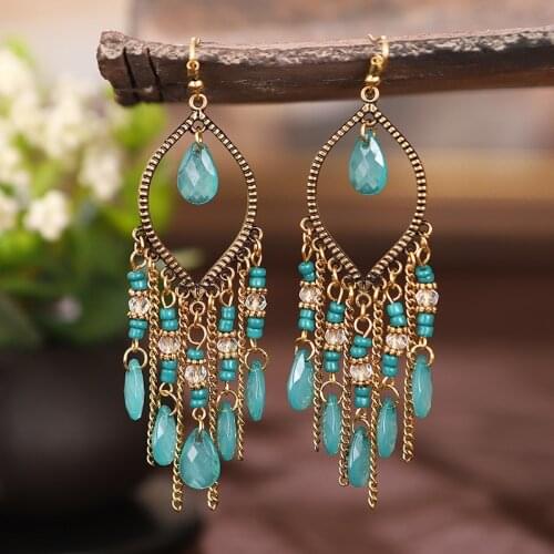Classic Vintage Womens Colourful Crystal Beads Long Tassel Earrings 2020 Fashion Jewelry Bohemia Wedding Earrings Hangers