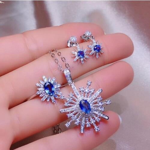 Natural blue sapphire Ring necklace earrings Natural Gemstone Jewelry Set S925 Silver elegant star Sun flower girl party jewelry