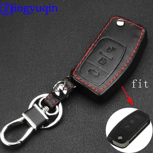 Jingyuqin Leather Case Cover Leather Cover for Ford Fiesta Focus 2 Ecosport Kuga Escape Car Flip folding Remote key Case 3 B