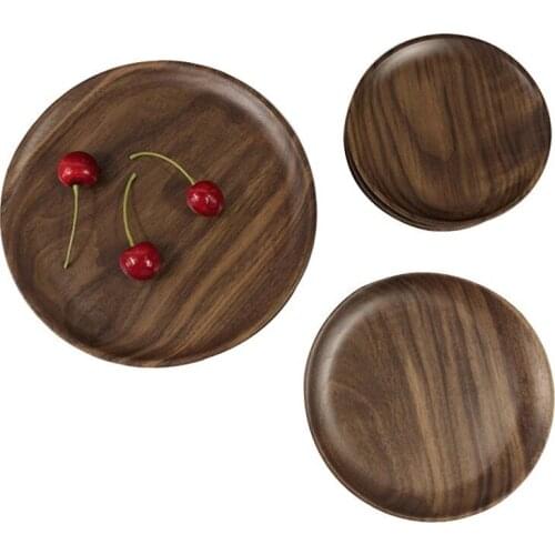 Japanese Style Solid Wood Round Dish Household Black Walnut Plate Snack Bread Plate Dried Fruit Dessert Tea Dinner Wood Plates