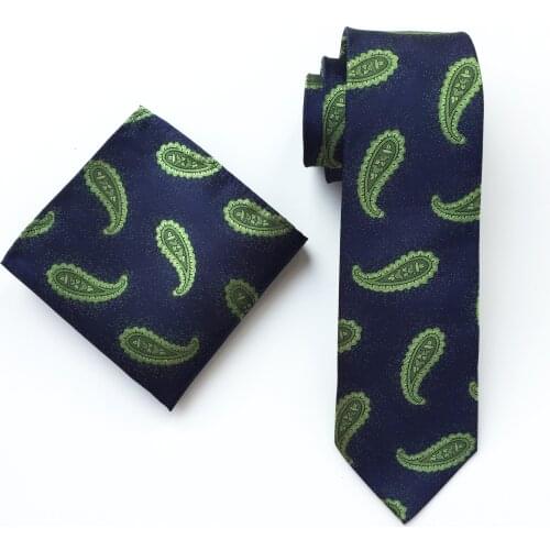 Fashion Mens Necktie Set Green Paisley Pattern Cravat Pocket Square Sets