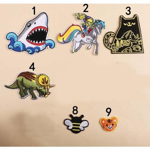 Cartoon animal embroidery patch shark dinosaur black cat badge used to decorate girls backpack jacket iron on clothes
