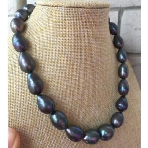 Huge 10-11mm tahitian baroque black green pearl necklace 18inch 14k