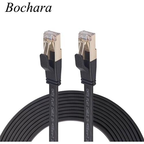 Bochara Gold Plated Flat Cat8 Ethernet Rj45 Cable Male to Male Multi-Shielded For Modem Router LAN Network 3m 5m 10m 15m 20m