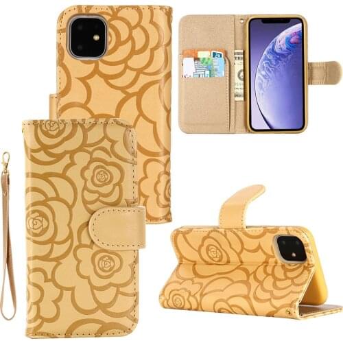 Embossed Leather Case for iPhone 11 12 Pro Max SE 2020 XR XS X 7 8 6S Plus Cover Flip Wallet Lanyard Camellia Pattern Phone Bag