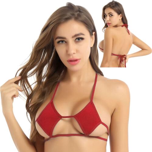 Sexy Womens Female Erotic Bra Tops Halter Neck Rhombic Shape Cups Backless Self-tie Mini Micro Lingerie Bikini Bra Top Swimsuits
