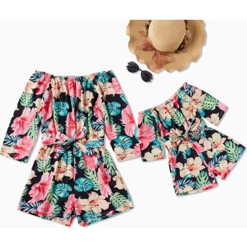 Family Outfit Romper Short Leaf Print Children Cloth One Shoulder Holiday Beach Jumpsuit Summer New Mother Daughter Homeclothes