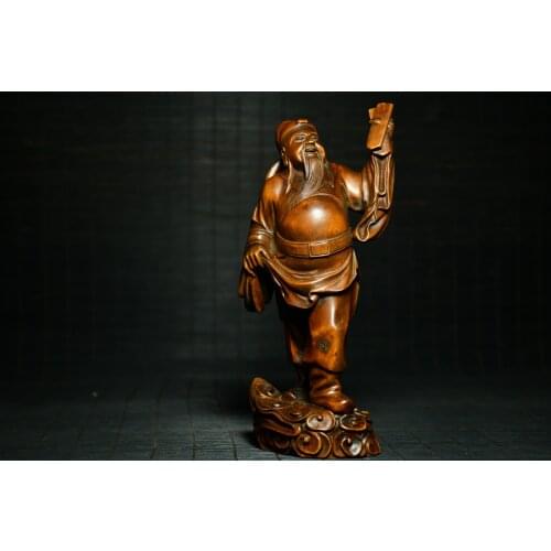 7"China Lucky Old Boxwood Hand-carved Statue of Uncle Cao Guo One of the Eight Immortals Office Ornaments Town House Exorcism