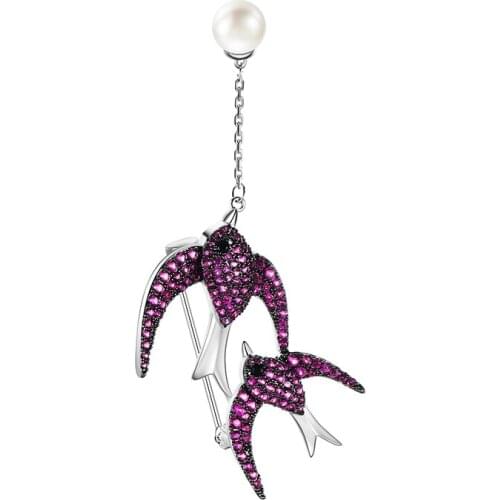 Trend Personality Fashion Brooch Two Purple Swallow Animal Care Protector Copper Zircon Brooch Pin Jewelry High Quality