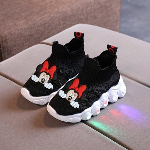 Disney Mickey Minnie Girl Boy Cute Soft Bottom Breathable Casual Shoes Non-slip Sports Shoes LED Light Childrens Shoes