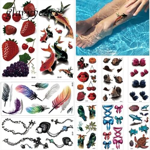 10 Sheets 3D Temporary Tattoo Sticker Colorful Feather Animal Fruit Style Women Back Sleeve Body Art Tattoo Fake Sticker Holiday