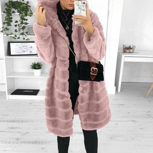 Thick Warm Hooded Artificial Fur Coat Women Winter Fashion Solid Color Black Pink Outerwear Soft Plush Long Jacket Plus Size 5XL
