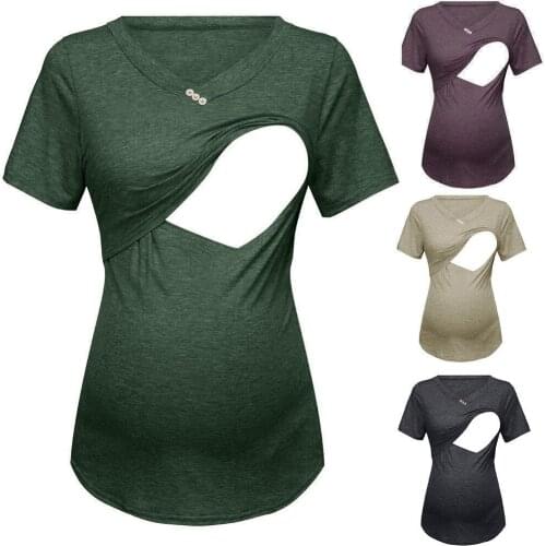Womens Maternity Blouses Short Sleeve Pregnant Clothes Pure Colour Tops Breastfeeding Nusring Maternity Clothes Plus Size S-L3