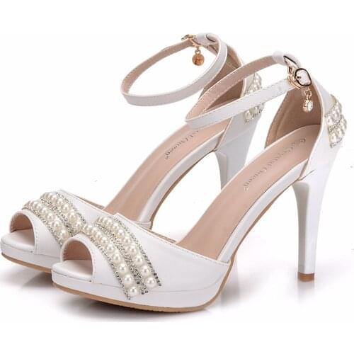 Crystal Queen Sexy Women Sandals High Heels Pearl Rhinestone Thin Heel Sandals Woman Flock Open Toe Ankle Strap Party Shoes