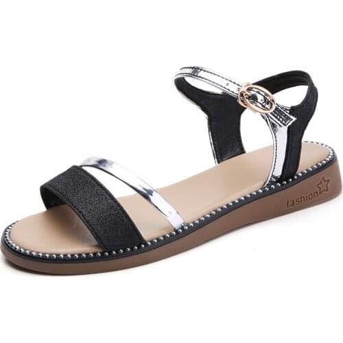 YSHUNIJ 2021 Luxury Women Sandals Shoes Summer Black Gold Ladies Flat Beach Sandals Shoes Woman Open Toe Women Flipflop shoe