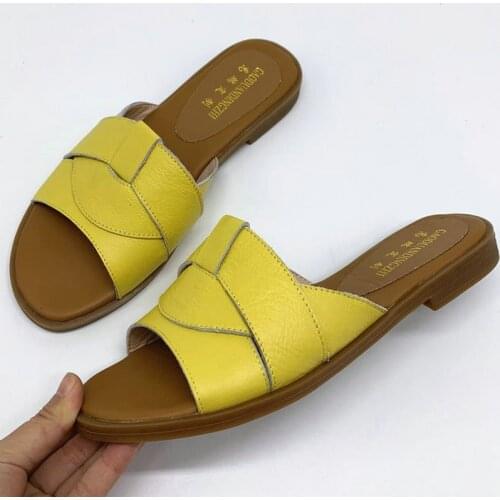 2020 Beach Women Slippers 100% cow leather Sandals Women Slippers Flat Heel Casual Ladies Shoes Outdoor Female Slides