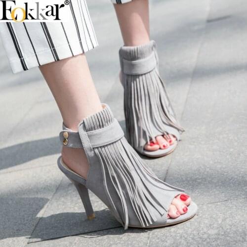 Eokkar 2019 Women Thin High Heel Pumps Sandals Flock Tassel Peep Toe Ankle Buckle Strap Ladies Shoes Gray Slingbacks Size 34-43