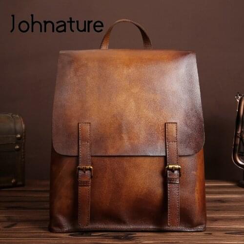 Johnature 2020 New Genuine Leather Backpack Women Bag Cow Leather Vintage Solid Color Backpacks Women Fashion Travel Bag