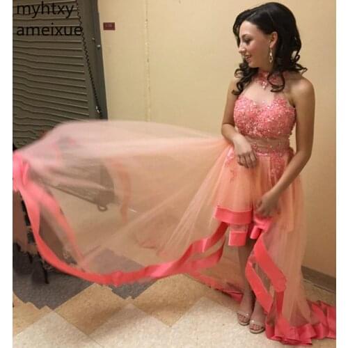 2020 New Illusion High Low Beaded Lace Tulle Chic Sexy Evening Dresses Party Long Prom Dress Formal Gown Robe De Soiree Longue