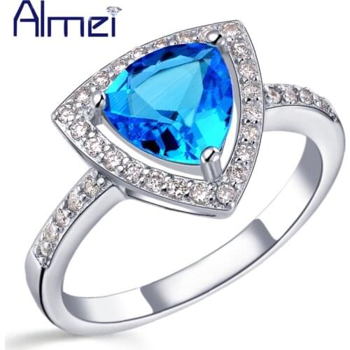 Almei Rings for Women Wedding Ring Silver Anel Feminino CZ Zircon Anillos Jewelry Triangle Blue Purple Crystal Bijoux J306