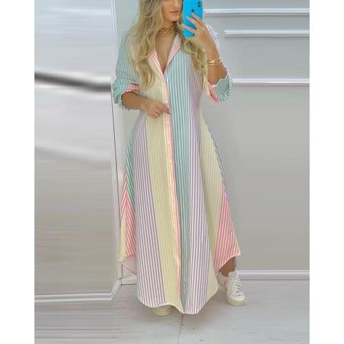 Summer Women Color Striped Button High Slit Shirt Maxi Dress Femme Turn-down Collar Casual Robe Office Lady Outfits traf 2021
