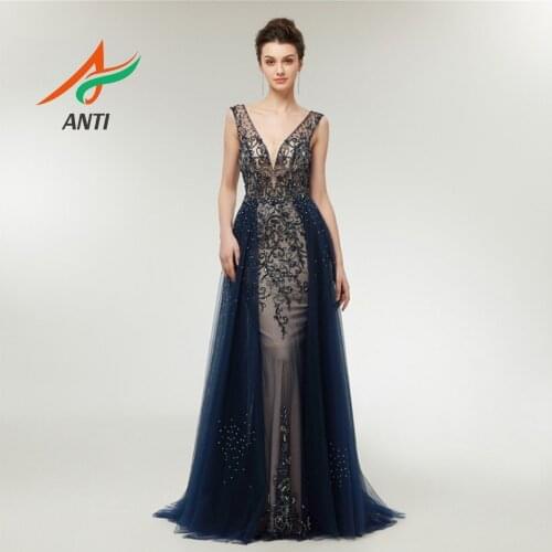 ANTI Evening Dress 2019 Sexy V Neck Backless Gowns luxurious Beading Crystals Pearls robe de soiree for Women Dubai Arabic LM129