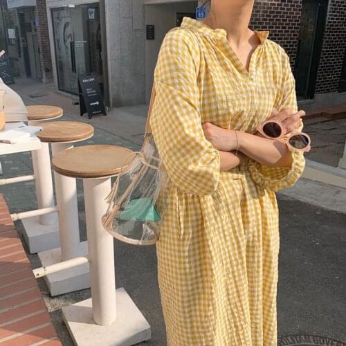 Women Summer Yellow Vintage Plaid Long Shirt Dress Half Sleeve Loose Plus Size Split V Neck Long Dress with Waistbelt