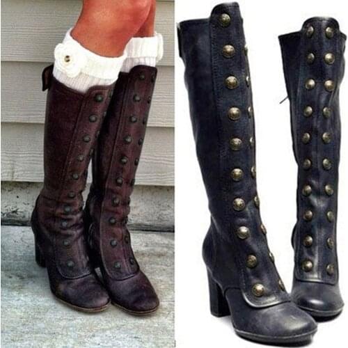 Winter pu leather women knee high boots low heels platform ladies shoes zipper rivet strap vintage riding boots zapatos mujer#G7