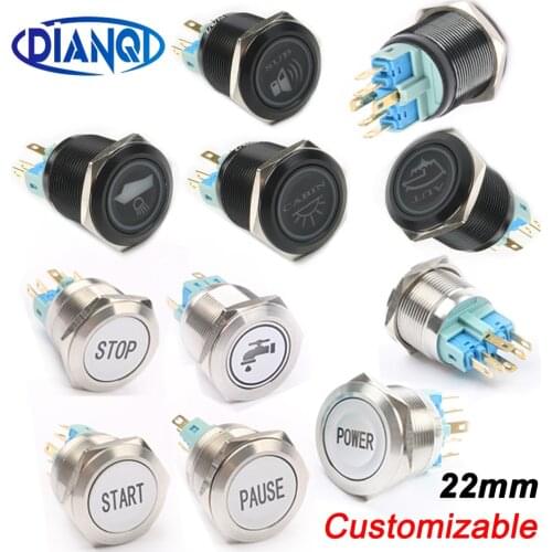 22mm Customizable symbols metal Oxide black/Brass plating push button switch lamp LED flat Latching/Momentary fans light for car