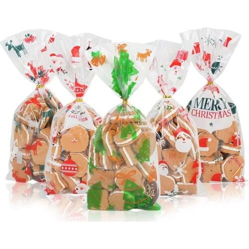 50Pcs Christmas Candy Bag Baking Cake Cookie Packaging Bag Xmas Santa Claus Elk Snowman Plastic Gift Bags