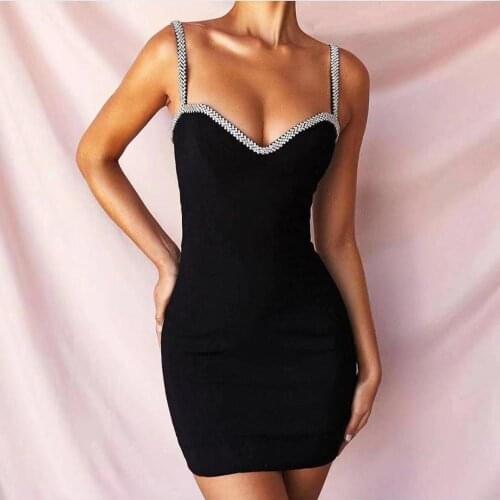 High Quality Celebrity Black Crystal Slip Rayon Bandage Dress Night Club Party Bodycon Dress