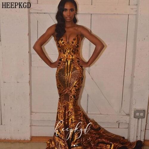 Sparkly Gold Sequins Mermaid African Prom Dresses Sexy Sweetheart Sleeveless Long Black Girls Graduation Party Dress Plus Size
