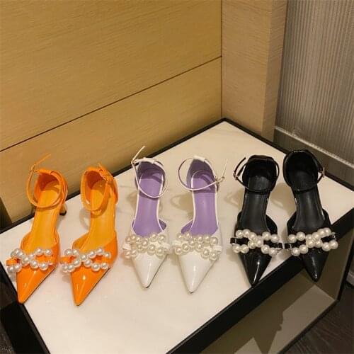 2021 Summer Women Bling Beaded Pointed Pumps Toe Low High Heels Sandals Orange Pearl Sandals Prom Cinderella Wedding Party Shoes