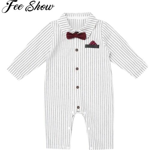 Gentlemen Infant Baby Boys One-piece Shirt Collar Long Sleeve Cotton Jumpsuit Rompers with Bowknot Newborn Wedding Party Clothes